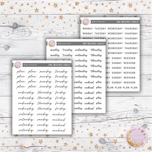 May include: A sheet of white sticker paper with black handwritten text. The stickers are for labeling days of the week and weekends. The text includes "Monday", "Tuesday", "Wednesday", "Thursday", "Friday", "Saturday", "Sunday", "Weekend", and "Plan".