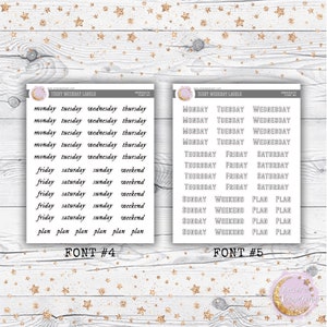 Può includere: Due fogli di adesivi per planner con font diversi. Il primo foglio ha i giorni della settimana scritti in un font corsivo. Il secondo foglio ha i giorni della settimana scritti in un font a blocchi. Entrambi i fogli hanno le parole "Lunedì", "Martedì", "Mercoledì", "Giovedì", "Venerdì", "Sabato", "Domenica", "Weekend" e "Pianifica".