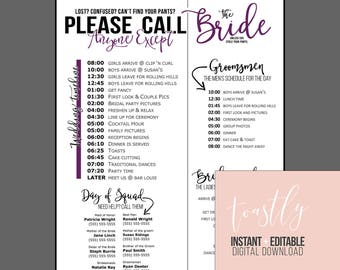 Wedding Schedule Template - Purple - Timeline of Events, Phone Numbers, Bridesmaids and Groomsmen schedules, etc. EDITABLE!