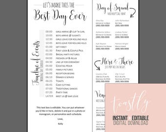 Editable Wedding Timeline - Edit in Word - Phone numbers and timeline - Day of Wedding Schedule