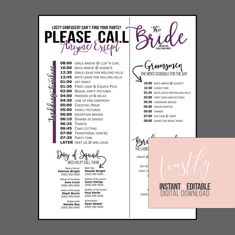 Wedding Schedule Template Purple Timeline of Events Phone | Etsy