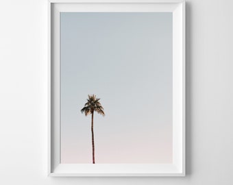 Palm Pastel Cielo imprimible arte de pared, descarga digital, impresión de decoración de estilo pastel, azul y rosa, mar