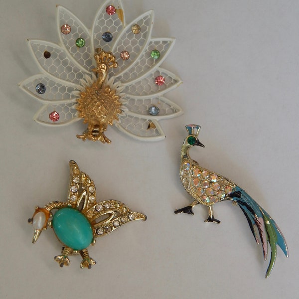 Vintage Peacock Pin Brooches Rhinestones Enamel lot of 3 ~ missing stones