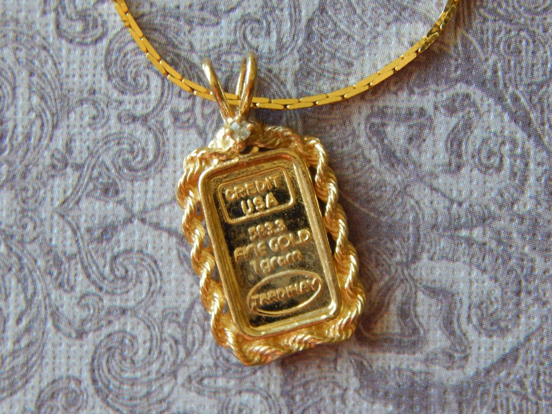 Vintage Jardinay 1 Gram 14k Gold Bar Ingot Credit USA 1/2 Pt. Diamond