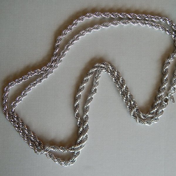 Vintage Signed Monet Silver Tone Extra Long Heavy Twisted Rope Chain Necklace 56"