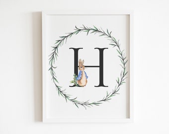 Arte de parede com letra H imprimível, impressão de berçário, arte de quarto de bebê, decoração de berçário Beatrix Potter, Peter Rabbit, impressão de letra H, letra inicial