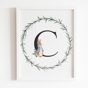 May include: A white framed print with a black letter C surrounded by a green leafy wreath. A cartoon rabbit wearing a blue jacket is standing inside the letter C.