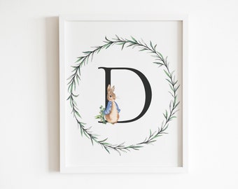 Arte de parede com letra D imprimível, impressão de berçário, arte de quarto de bebê, decoração de berçário Beatrix Potter, Peter Rabbit, impressão de letra D, letra inicial
