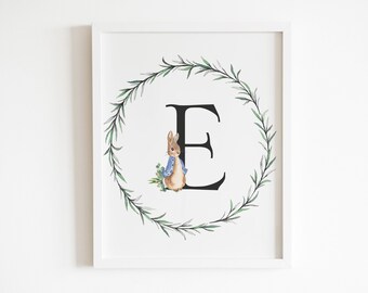 Druckbare Buchstabe E Wandkunst, Kinderzimmer Druck, Baby Zimmer Kunst, Beatrix Potter Kinderzimmer Dekor, Peter Rabbit, Buchstabe E Druck, Anfangsbuchstabe