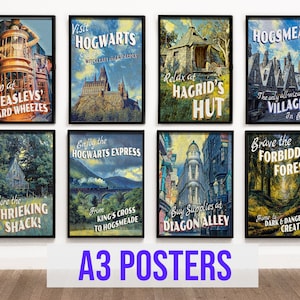 May include: Eight vintage-style posters featuring scenes from the Harry Potter universe. The posters are framed in black and feature colorful illustrations and text. The posters include scenes from Hogwarts, Hogsmeade, Hagrid's Hut, the Shrieking Shack, Diagon Alley, and the Forbidden Forest.