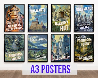 8 Pôsteres de Viagem Mágica, Castelo Mágico e Trem Expresso para Parede, Pinturas, Turismo, Bruxo, Bruxa, Impressão, Arte Nerd, Imprimível