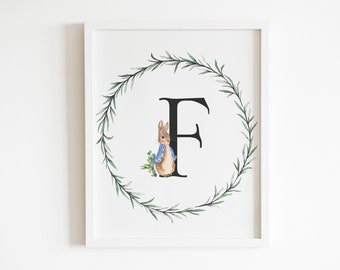 Arte de parede com letra F imprimível, impressão de berçário, arte de quarto de bebê, decoração de berçário Beatrix Potter, Peter Rabbit, impressão de letra F, letra inicial