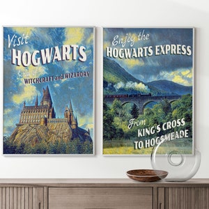Magic Castle and Train Express Wall Art Poster Paintings, Travel, Tourism, Wizard, Witch, Print, Nerd Art, Printable