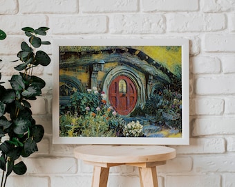 Pintura de arte de parede de porta vermelha de Hobbit, impressão da Terra Média, arte nerd, Tolkien, Hobbiton, impressão de condado, para impressão