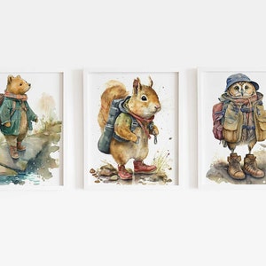 Adventure Animals Nursery Wall Art Watercolor Painting, Bear, Squirrel, Owl, Explore, Hiking, Baby, Printable