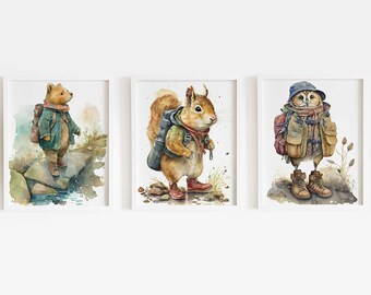 Pintura em aquarela de arte de parede de berçário de animais de aventura, urso, esquilo, coruja, explorar, caminhada, bebê, para impressão