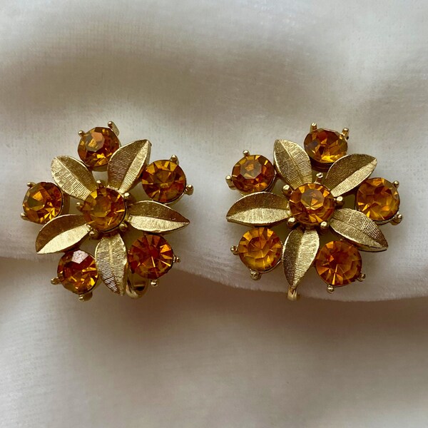 Vintage Sarah Coventry Rhinestone Clip Earrings, Textured Gold Tone Earrings, Mid Century Earrings,