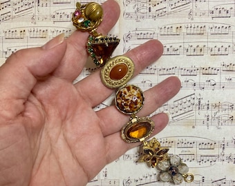 Charm Link Bracelet made from Repurposed Vintage Topaz Rhinestone Earrings, Reclaimed Jewelry