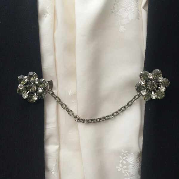 Sweater Clips from Vintage Earrings, Rhinestone Sweater Guards, Olive Green Rhinestones, Shawl Clips, Collar Clips