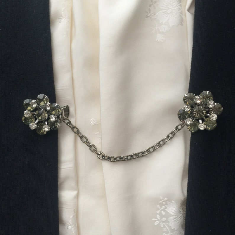 Sweater Clips from Vintage Costume Earrings Rhinestone Sweater Guards Olive Green Rhinestones
