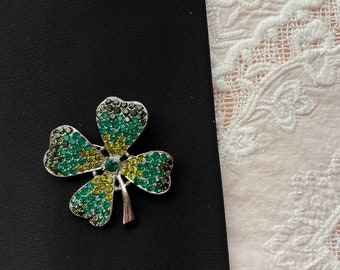 Cute Vintage Four Leaf Clover Brooch, Rhinestone Brooch, Irish Pin