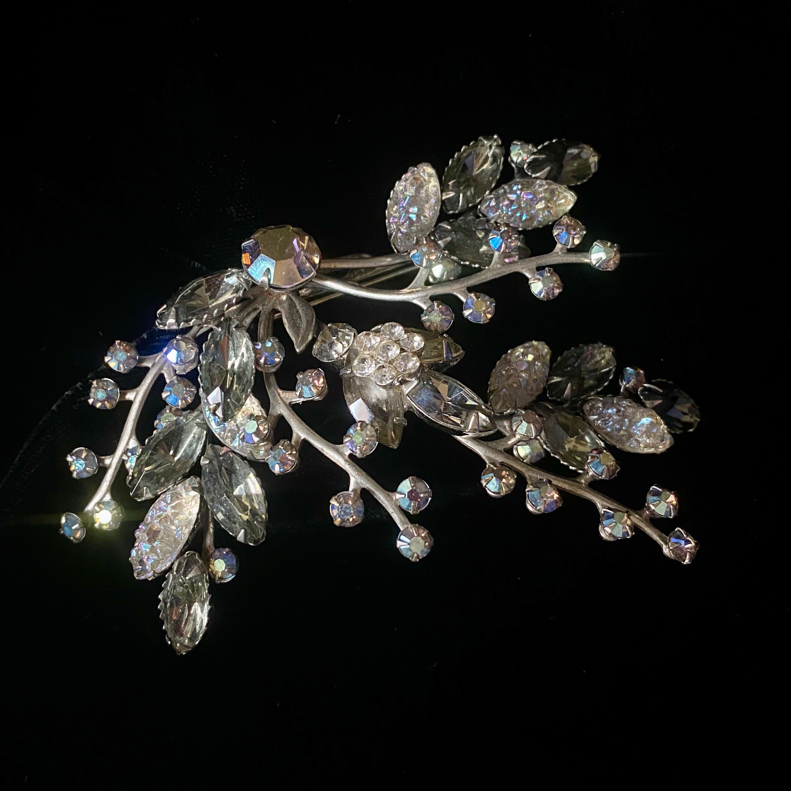 Vintage AB Black Diamond Rhinestone Flower Brooch Silver Tone 2 Inch Vintage Rhinestone Leaf Brooch: Black Diamond AB, Silver  main image 2
