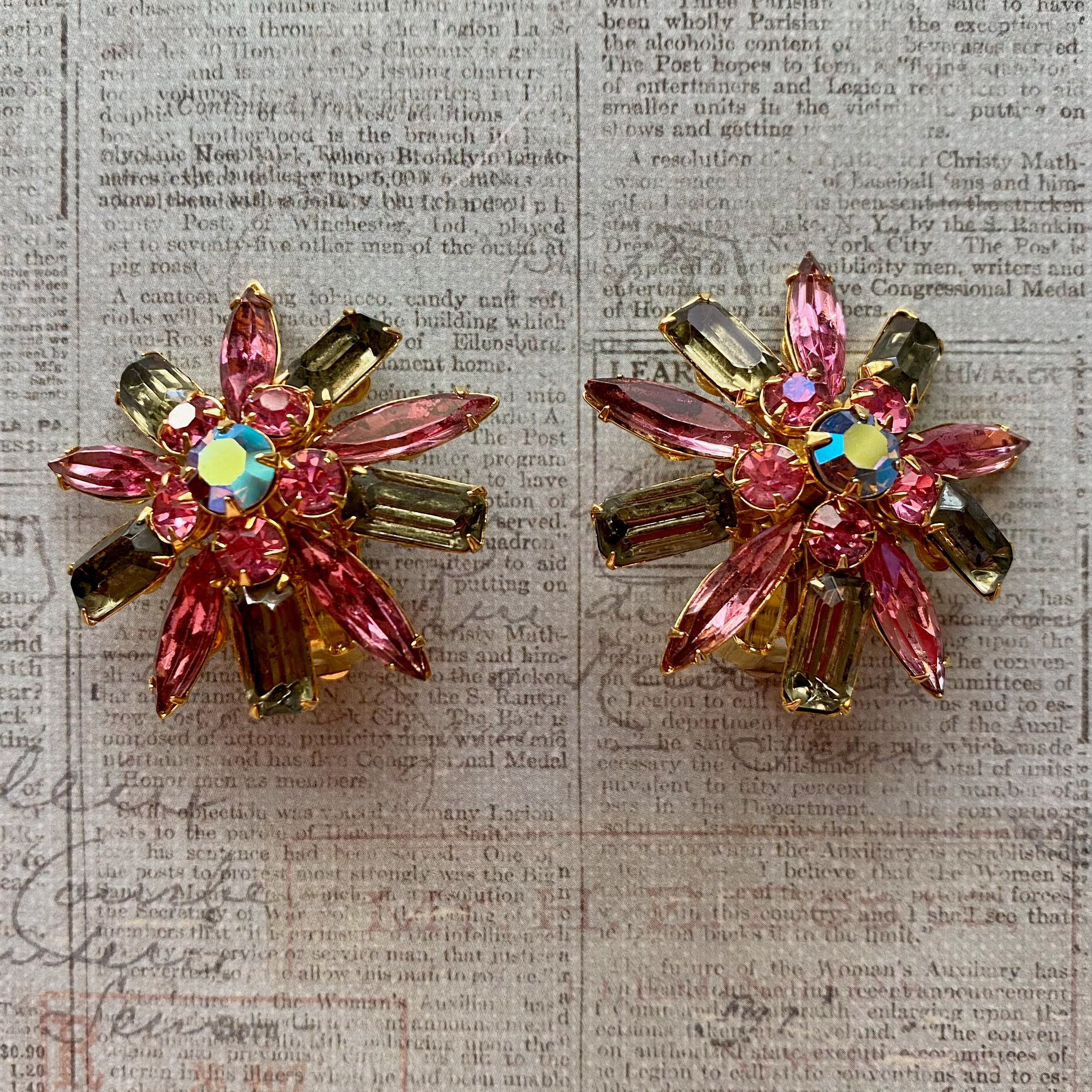 Vintage Judy Lee Rhinestone Earrings: Pink & Green Starburst Clip