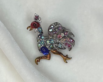 Rhinestone Rooster Brooch, Vintage Bird Pin, Chicken Brooch, Whimsical Jewelry