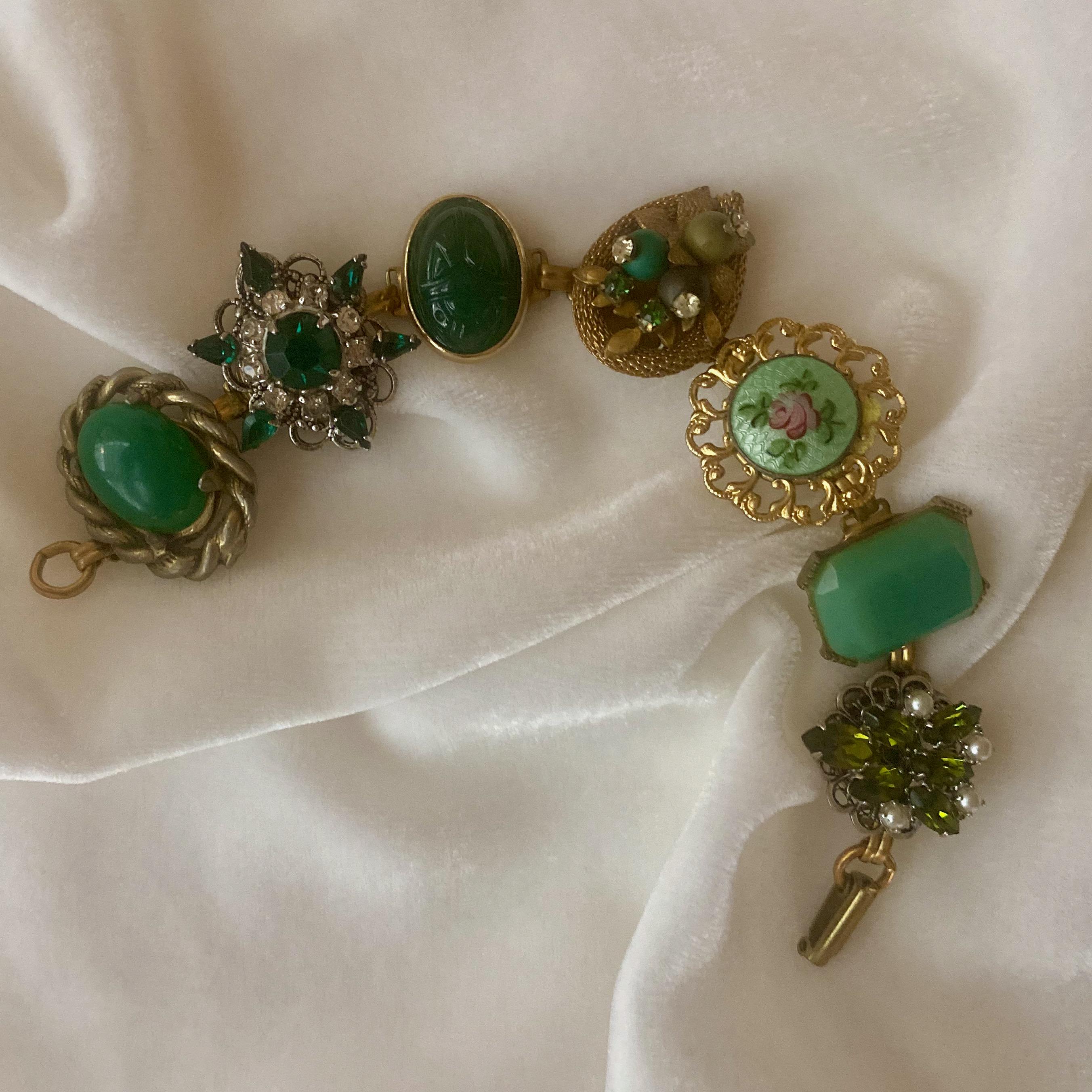 Charm Link Bracelet, Bracelet from Vintage Green Rhinestone Earrings, Sparkly Bracelet, Repurposed Earrings