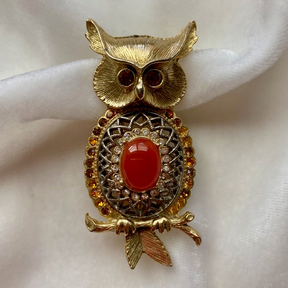 Cute Vintage Owl Brooch, Gold Brooch, Bird Pin wi… - image 3