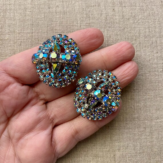 Vintage Blue AB Rhinestone Oval Earrings, Clip On… - image 1