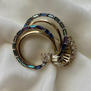 Vintage AB Blue Rhinestone Brooch, Baguette Circle Ribbon Brooch, Abstract Jewelry