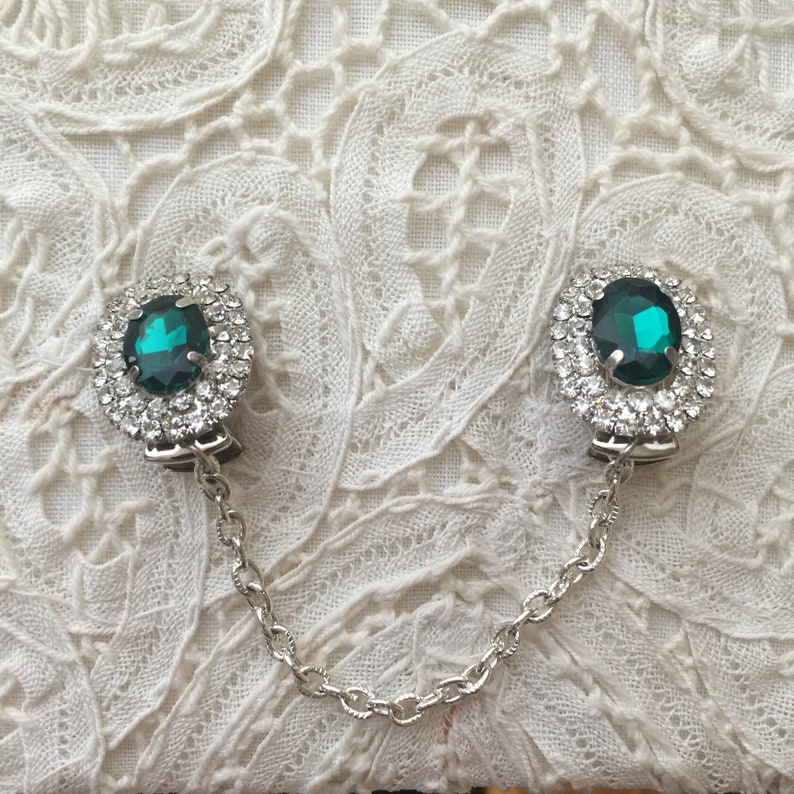 Green Rhinestone Sweater Guards Sweater Clips from Vintage Costume Earrings