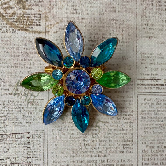 Vintage Reimagined Flower Brooch, Blue, Purple, an