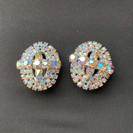 Vintage Blue AB Rhinestone Oval Earrings, Clip On… - image 3