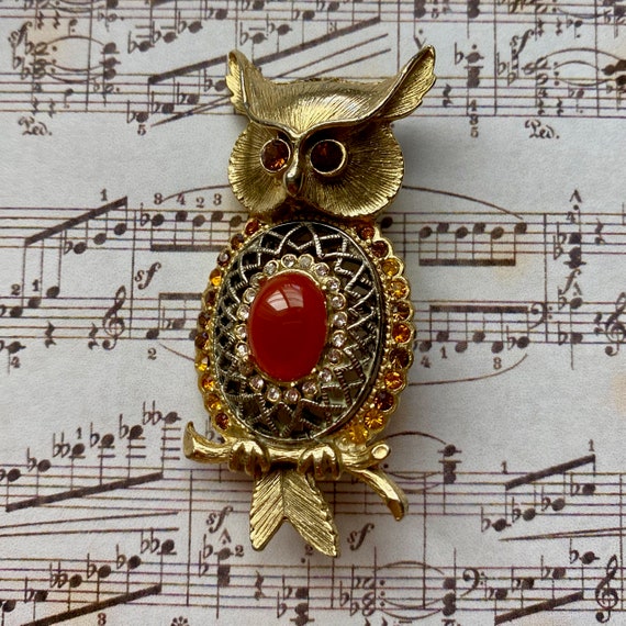Cute Vintage Owl Brooch, Gold Brooch, Bird Pin wi… - image 5