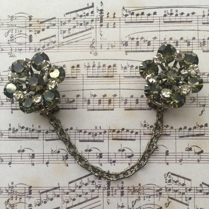 Sweater Clips from Vintage Costume Earrings Rhinestone Sweater Guards Olive Green Rhinestones