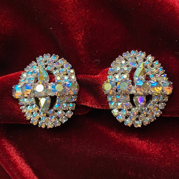 Vintage Blue AB Rhinestone Oval Earrings, Clip On… - image 5