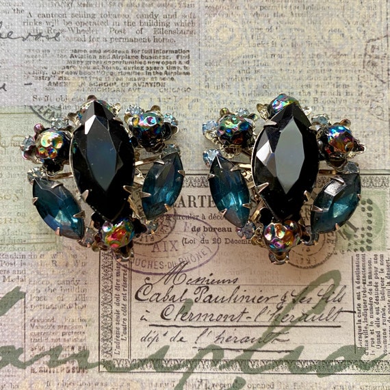 Vintage JUDY LEE Blue & Black Rhinestone Earrings… - image 3