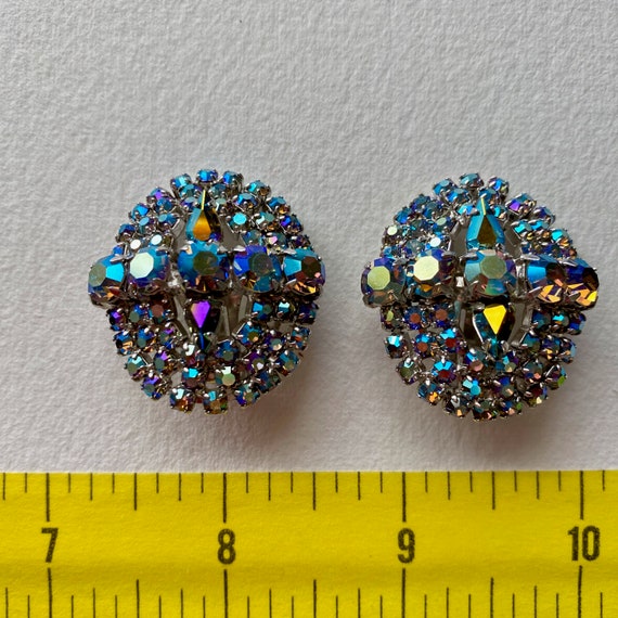 Vintage Blue AB Rhinestone Oval Earrings, Clip On… - image 10