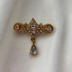 Vintage Clear Rhinestone Bar Brooch, Gold Tone Bar and Dangle Brooch, Dainty Pin