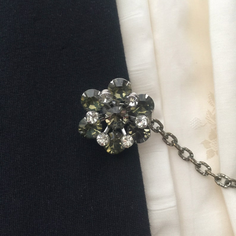 Sweater Clips from Vintage Costume Earrings Rhinestone Sweater Guards Olive Green Rhinestones