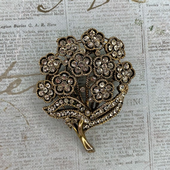 Vintage Floral Bronze Tone Brooch with Clear Rhin… - image 1