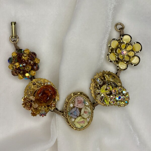 Charm Link Bracelet made from Repurposed Vintage Topaz and AB Rhinestone Earrings, Reclaimed Jewelry