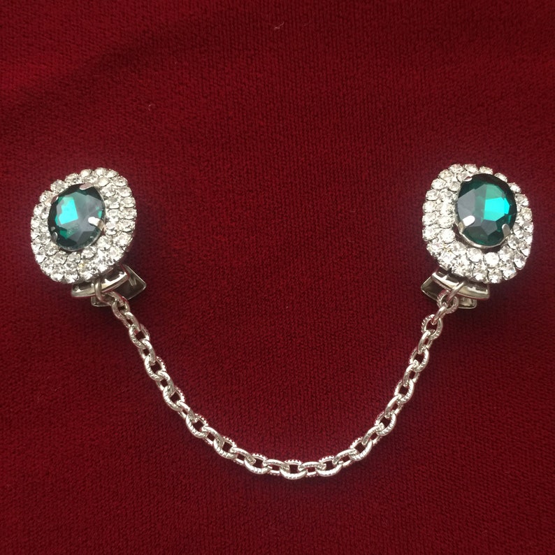Green Rhinestone Sweater Guards Sweater Clips from Vintage Costume Earrings