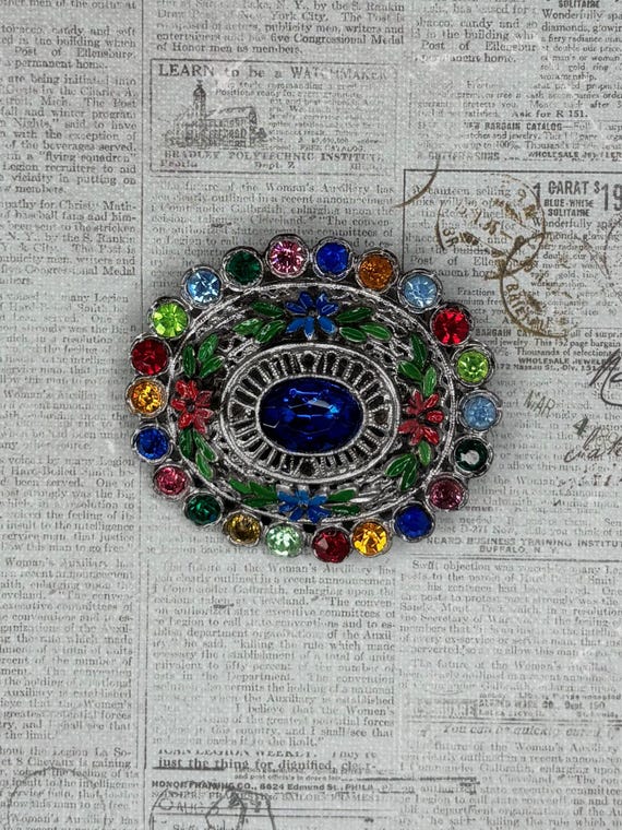 Vintage Little Nemo Oval Silver Brooch, Blue Rhinestone Pin, Art Deco Pin