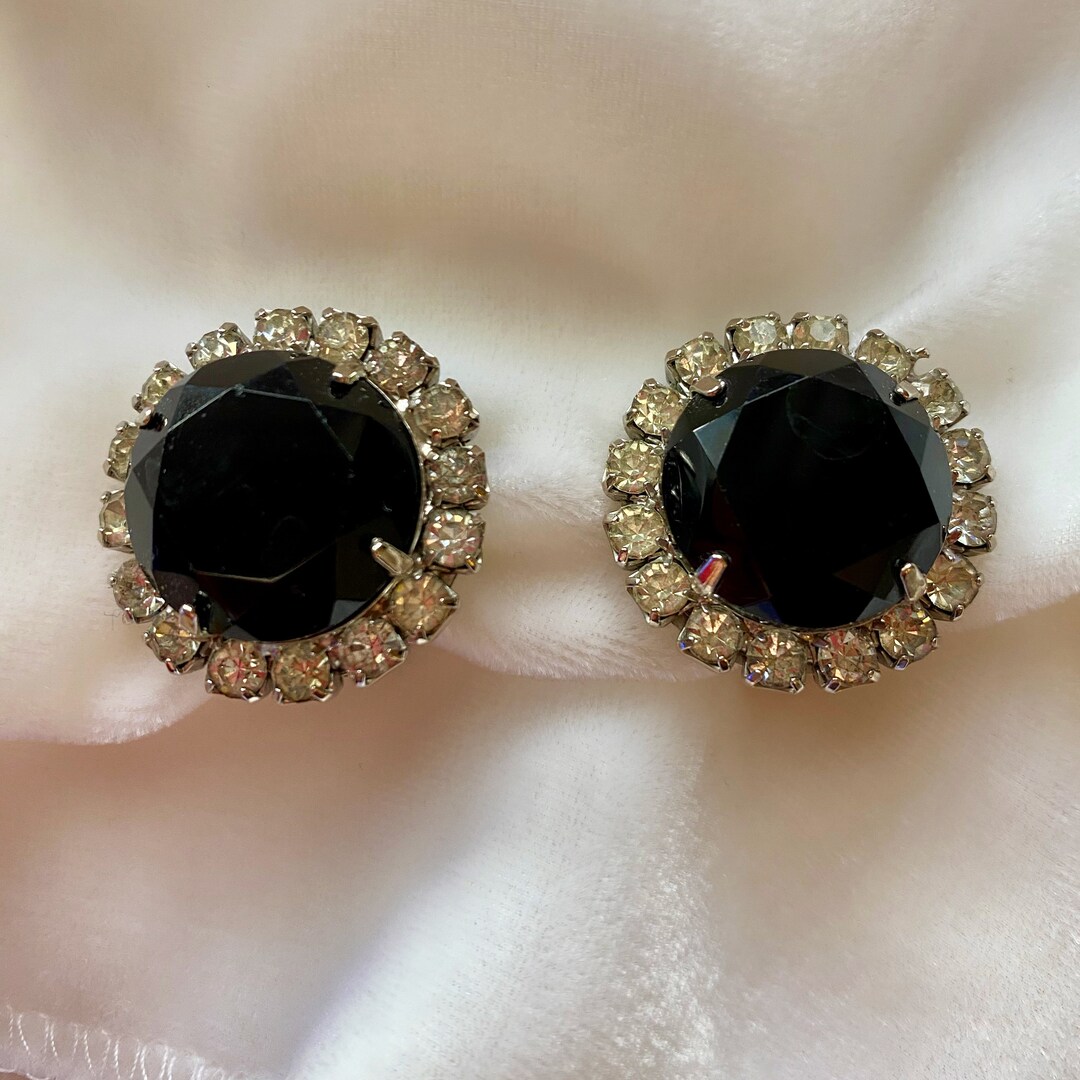 Vintage Costume Earrings, Black Round Rhinestone Earrings, Noir Jewelry Etsy