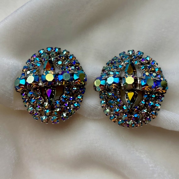 Vintage Blue AB Rhinestone Oval Earrings, Clip On… - image 4