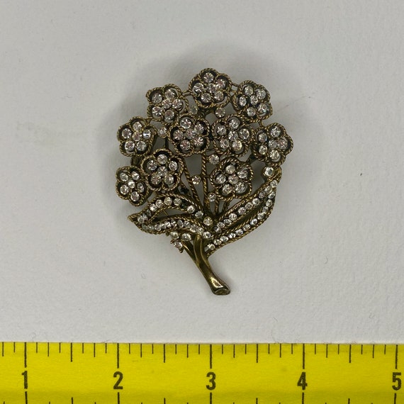 Vintage Floral Bronze Tone Brooch with Clear Rhin… - image 8