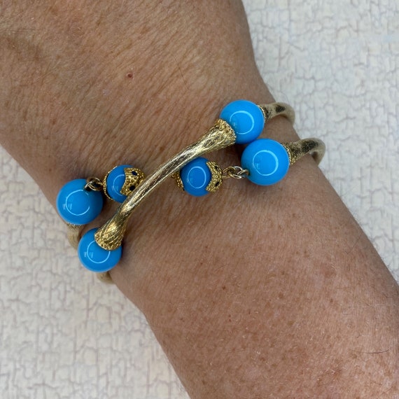 Vintage Gold Tone and Turquoise Bead Wrap Bracele… - image 2